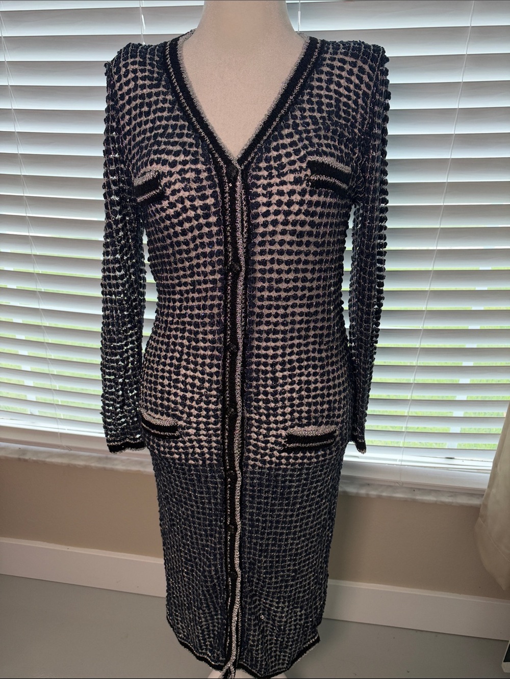 Navy blue, Black and silver Textured Knit V-Neck Midi cardigan